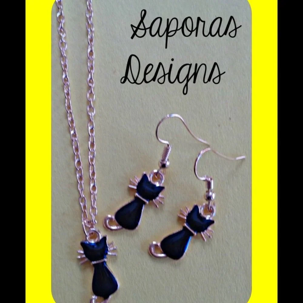 Gold & Black In Color Cat / Kitten Dangle Earrings & Necklace Jewelry Set